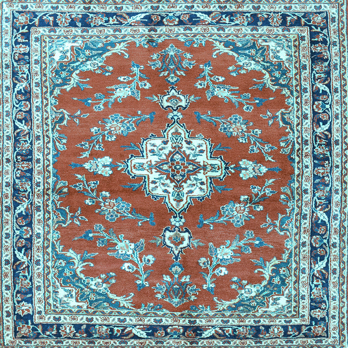 Square Machine Washable Medallion Light Blue Traditional Rug, wshtr1231lblu