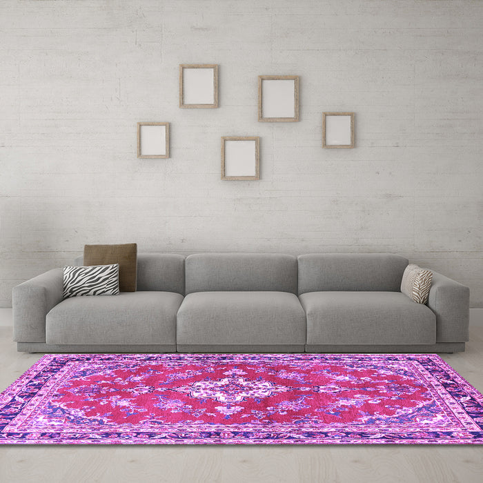 Machine Washable Medallion Purple Traditional Area Rugs in a Living Room, wshtr1231pur
