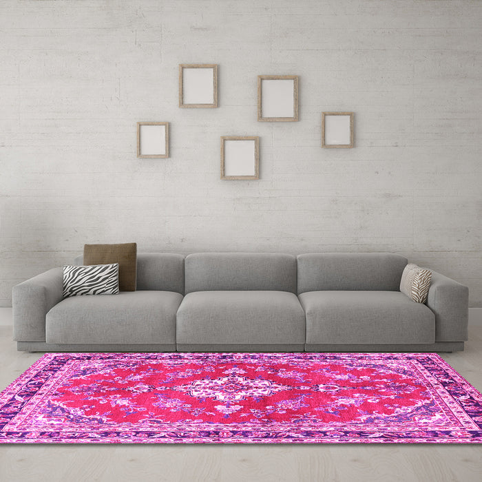 Machine Washable Medallion Pink Traditional Rug in a Living Room, wshtr1231pnk