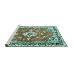 Sideview of Machine Washable Medallion Turquoise Traditional Area Rugs, wshtr1231turq