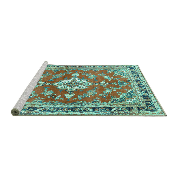Sideview of Machine Washable Medallion Turquoise Traditional Area Rugs, wshtr1231turq
