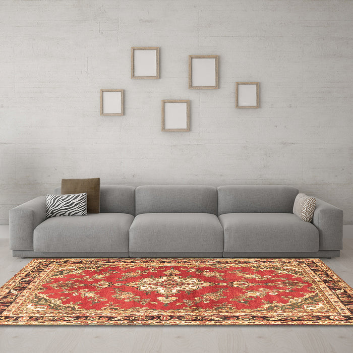 Machine Washable Medallion Brown Traditional Rug in a Living Room,, wshtr1231brn