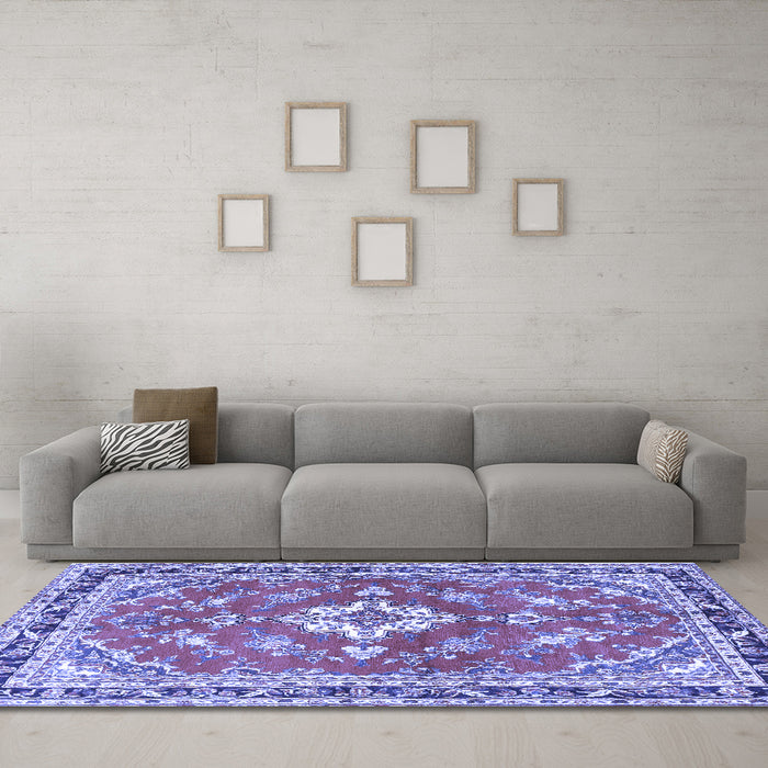 Machine Washable Medallion Blue Traditional Rug in a Living Room, wshtr1231blu