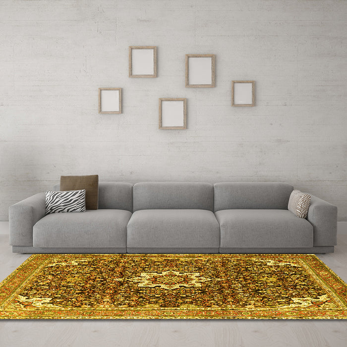 Machine Washable Medallion Yellow Traditional Rug in a Living Room, wshtr1232yw