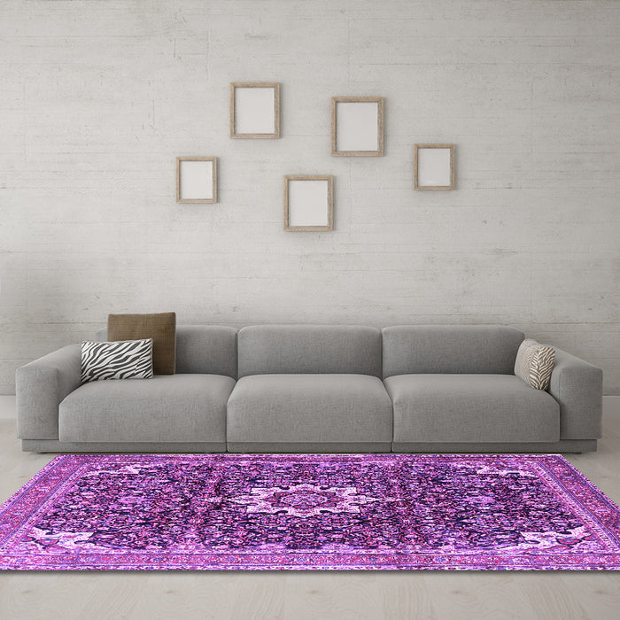Machine Washable Medallion Purple Traditional Area Rugs in a Living Room, wshtr1232pur