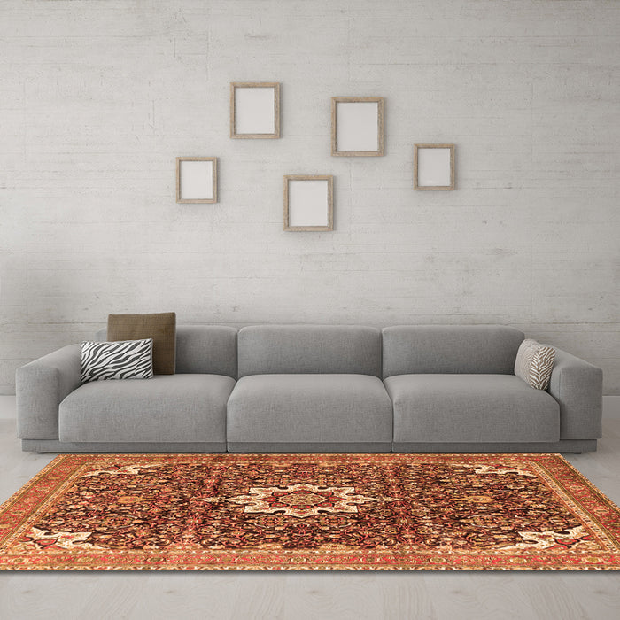Machine Washable Medallion Orange Traditional Area Rugs in a Living Room, wshtr1232org