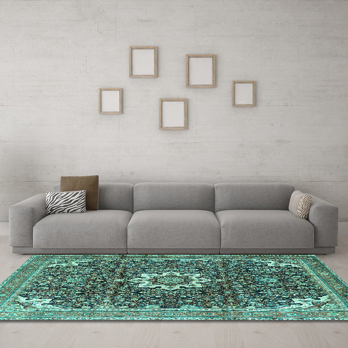 Machine Washable Medallion Turquoise Traditional Area Rugs in a Living Room,, wshtr1232turq