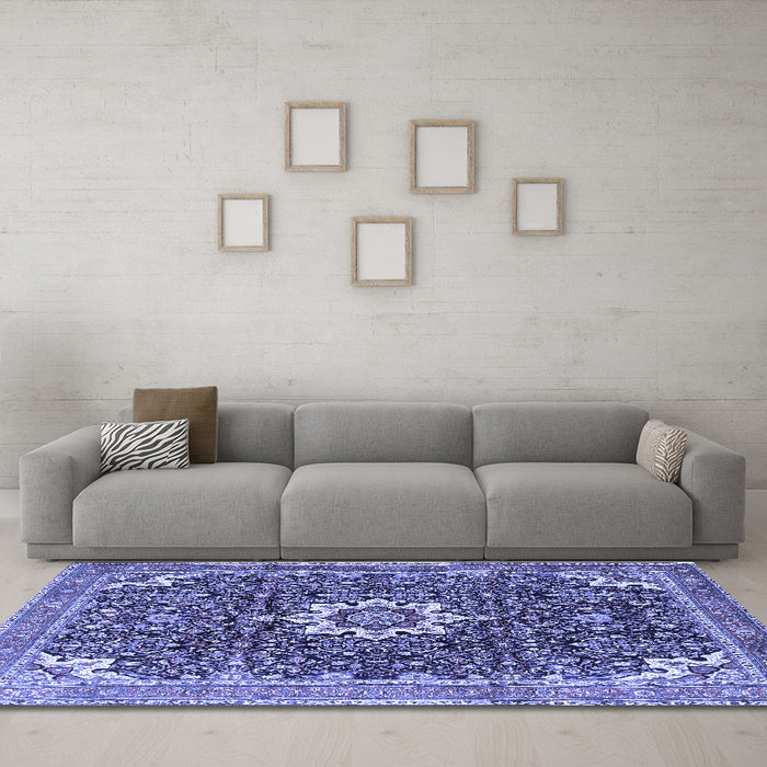 Machine Washable Medallion Blue Traditional Rug in a Living Room, wshtr1232blu