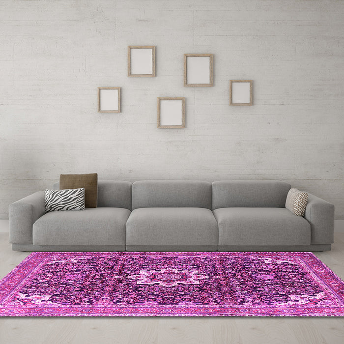 Machine Washable Medallion Pink Traditional Rug in a Living Room, wshtr1232pnk