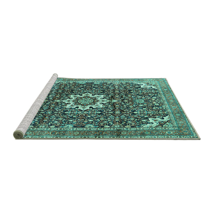 Sideview of Machine Washable Medallion Turquoise Traditional Area Rugs, wshtr1232turq