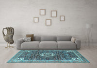 Machine Washable Medallion Light Blue Traditional Rug, wshtr1232lblu