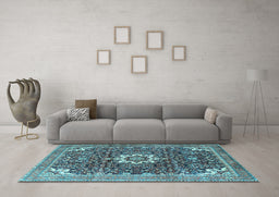 Machine Washable Medallion Light Blue Traditional Rug in a Living Room, wshtr1232lblu