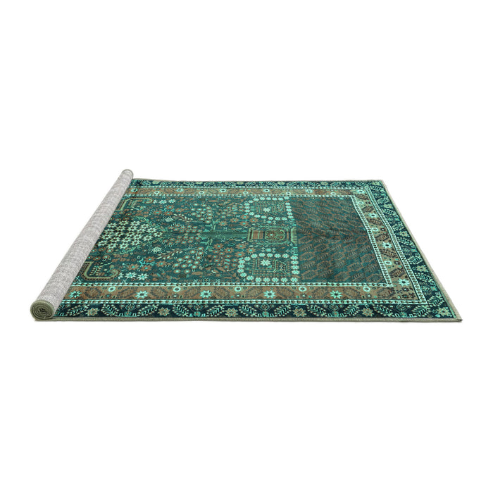 Sideview of Machine Washable Persian Turquoise Traditional Area Rugs, wshtr1233turq
