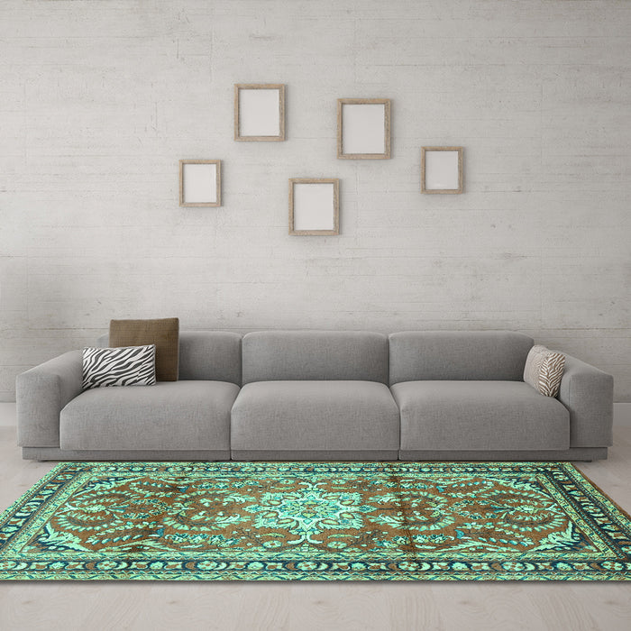 Machine Washable Persian Turquoise Traditional Area Rugs in a Living Room,, wshtr1234turq