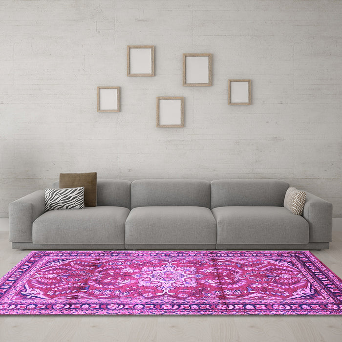 Machine Washable Persian Purple Traditional Area Rugs in a Living Room, wshtr1234pur