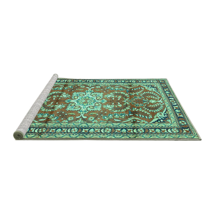 Sideview of Machine Washable Persian Turquoise Traditional Area Rugs, wshtr1234turq