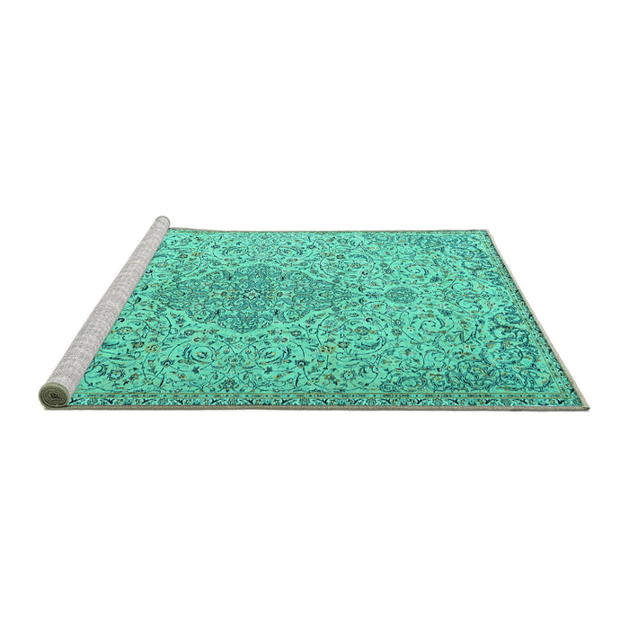 Sideview of Machine Washable Persian Turquoise Traditional Area Rugs, wshtr1235turq