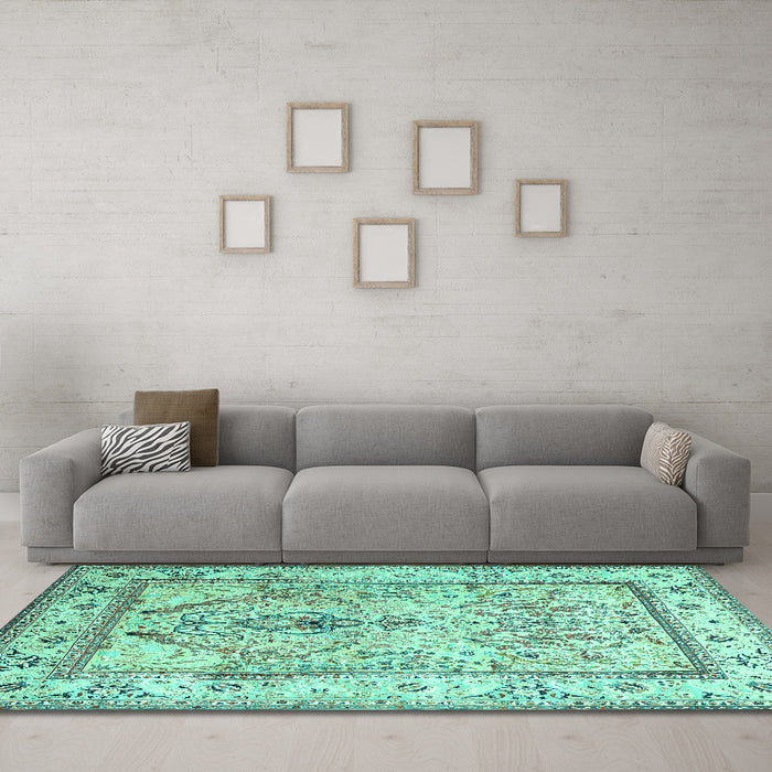 Machine Washable Persian Turquoise Traditional Area Rugs in a Living Room,, wshtr1237turq