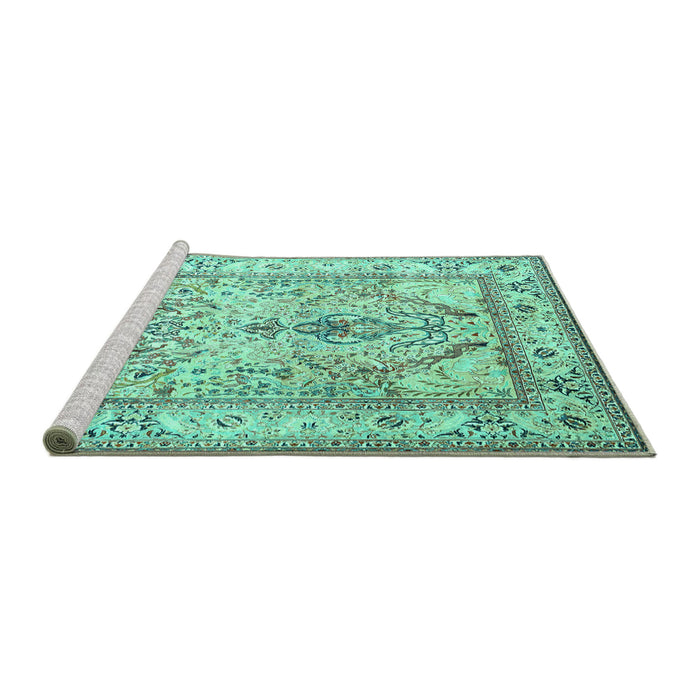 Sideview of Machine Washable Persian Turquoise Traditional Area Rugs, wshtr1237turq