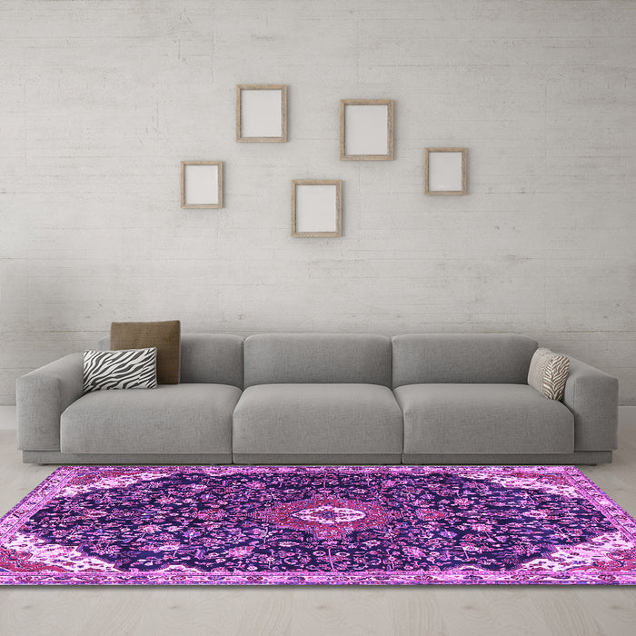 Machine Washable Medallion Purple Traditional Area Rugs in a Living Room, wshtr1238pur