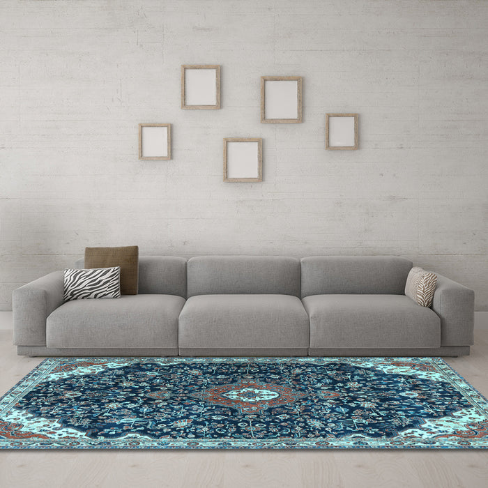 Machine Washable Medallion Light Blue Traditional Rug in a Living Room, wshtr1238lblu