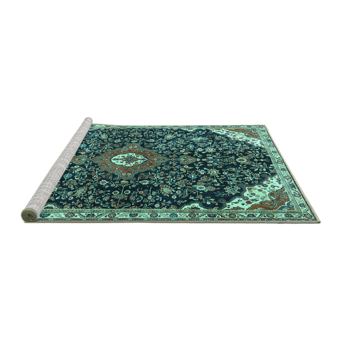 Sideview of Machine Washable Medallion Turquoise Traditional Area Rugs, wshtr1238turq