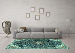 Machine Washable Medallion Turquoise Traditional Area Rugs in a Living Room,, wshtr1238turq