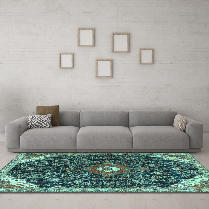 Machine Washable Medallion Turquoise Traditional Area Rugs in a Living Room,, wshtr1238turq