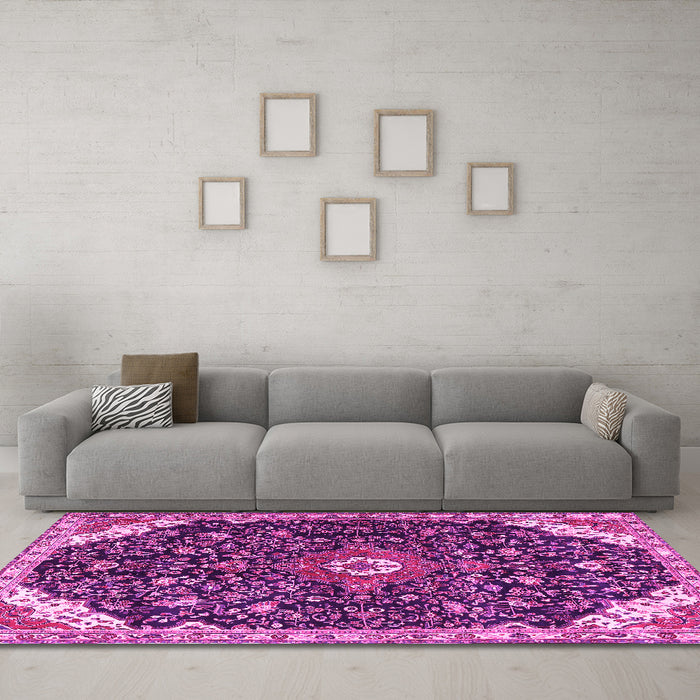 Machine Washable Medallion Pink Traditional Rug in a Living Room, wshtr1238pnk