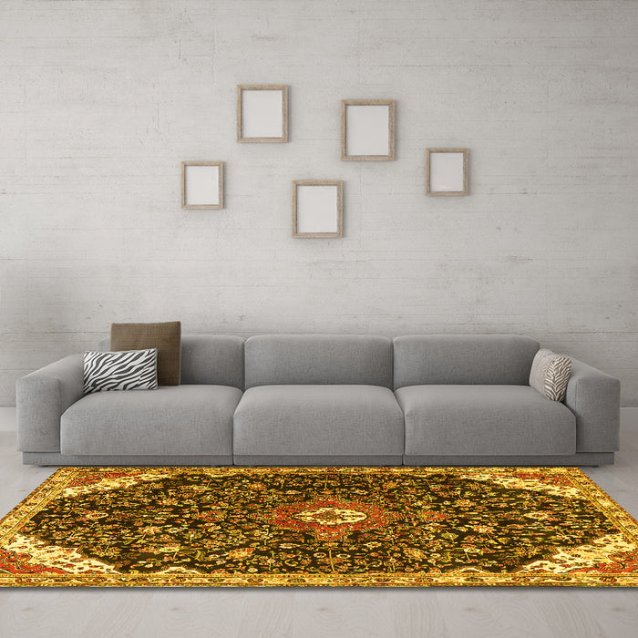 Machine Washable Medallion Yellow Traditional Rug in a Living Room, wshtr1238yw