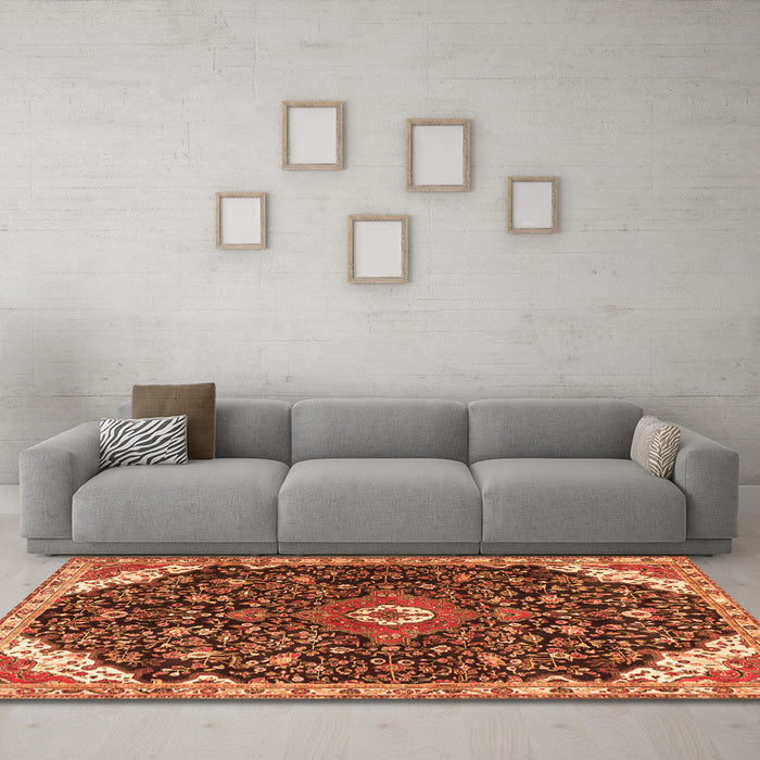 Machine Washable Medallion Orange Traditional Area Rugs in a Living Room, wshtr1238org