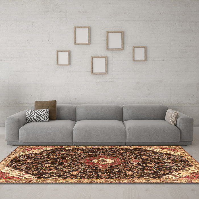Machine Washable Medallion Brown Traditional Rug in a Living Room,, wshtr1238brn