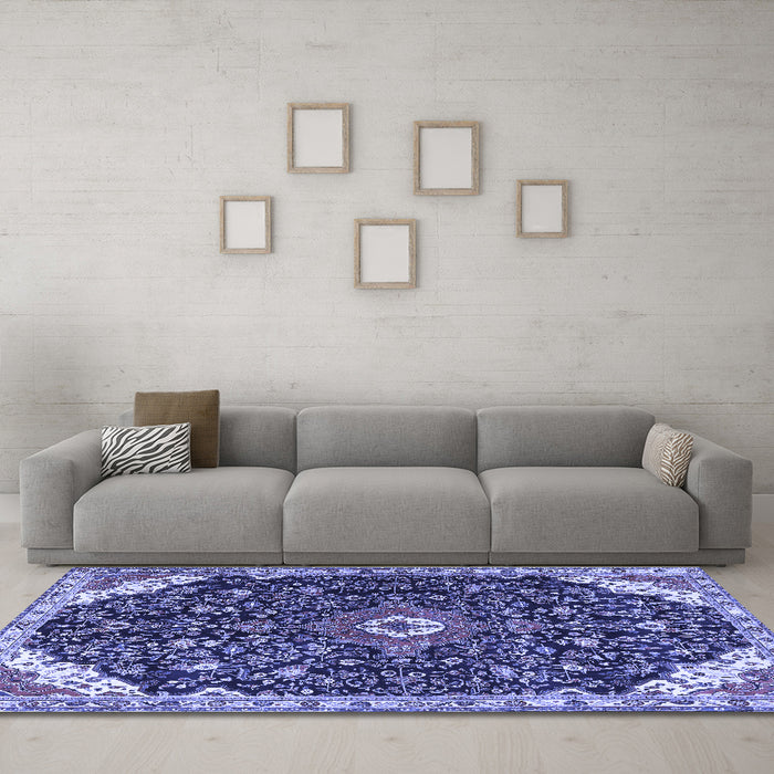 Machine Washable Medallion Blue Traditional Rug in a Living Room, wshtr1238blu