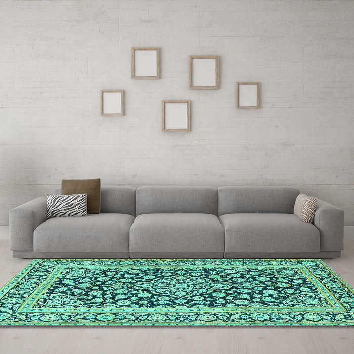 Machine Washable Persian Turquoise Traditional Area Rugs in a Living Room,, wshtr1239turq