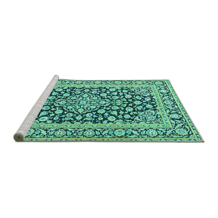 Sideview of Machine Washable Persian Turquoise Traditional Area Rugs, wshtr1239turq