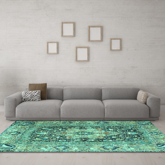 Machine Washable Animal Turquoise Traditional Area Rugs in a Living Room,, wshtr1241turq