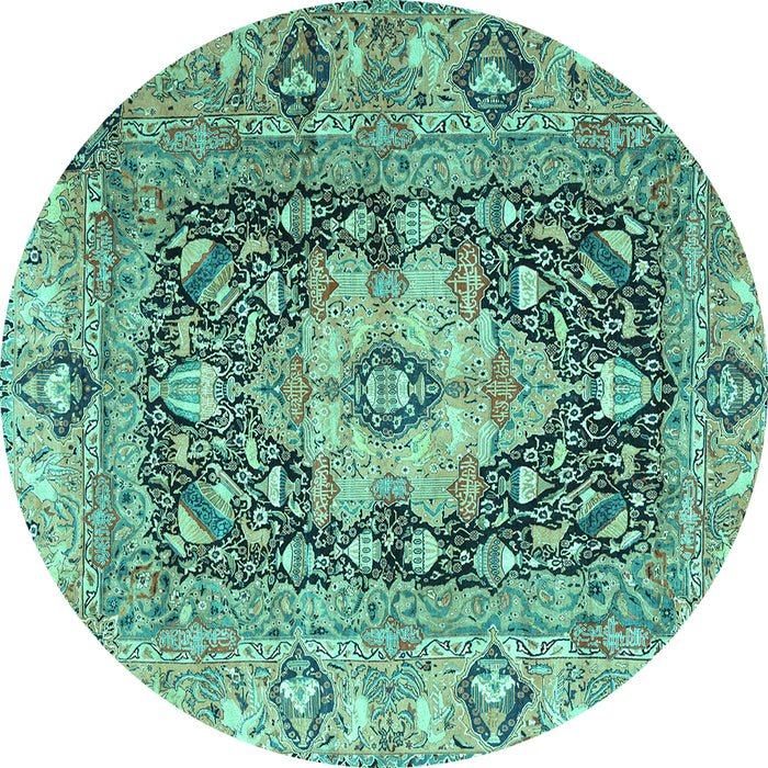 Round Machine Washable Animal Turquoise Traditional Area Rugs, wshtr1241turq