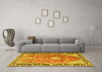 Machine Washable Medallion Yellow Traditional Rug, wshtr1242yw