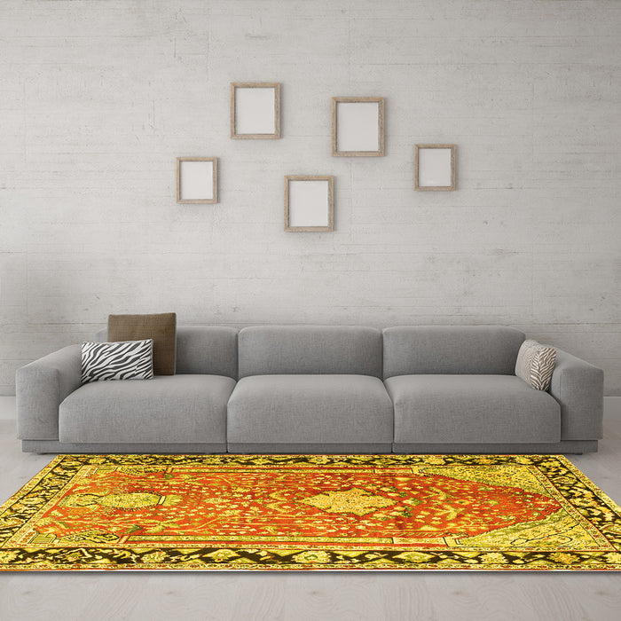 Machine Washable Medallion Yellow Traditional Rug in a Living Room, wshtr1242yw