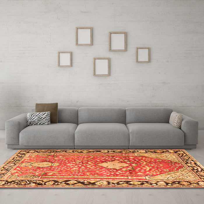 Machine Washable Medallion Orange Traditional Area Rugs in a Living Room, wshtr1242org