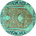 Round Machine Washable Medallion Turquoise Traditional Area Rugs, wshtr1242turq