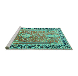Sideview of Machine Washable Medallion Turquoise Traditional Area Rugs, wshtr1242turq