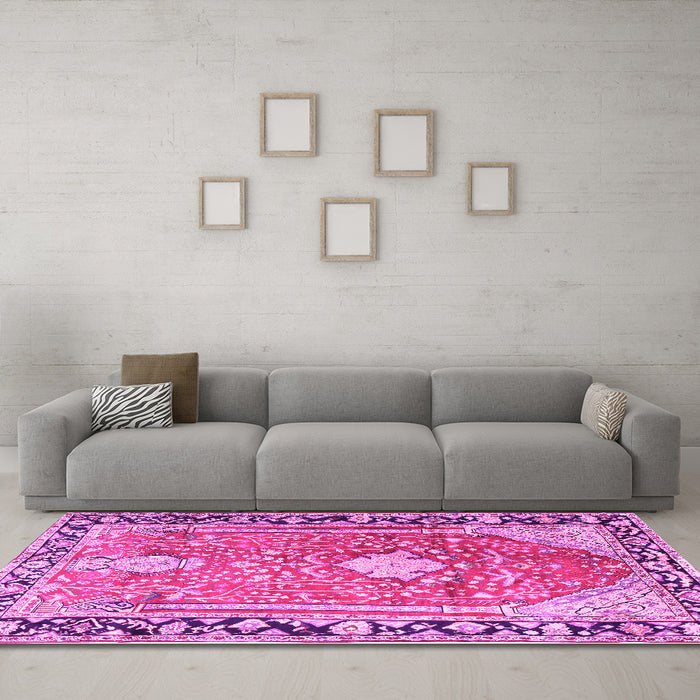 Machine Washable Medallion Pink Traditional Rug in a Living Room, wshtr1242pnk