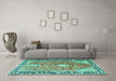 Machine Washable Medallion Turquoise Traditional Area Rugs in a Living Room,, wshtr1242turq