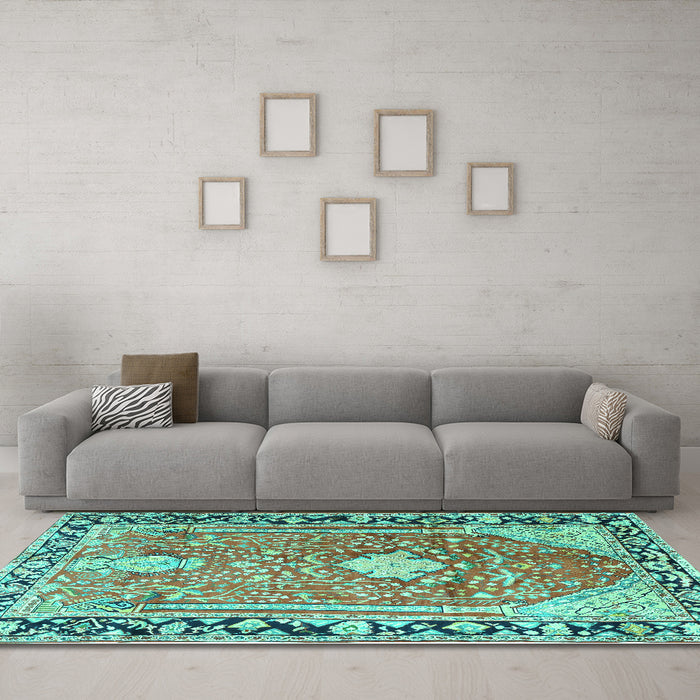 Machine Washable Medallion Turquoise Traditional Area Rugs in a Living Room,, wshtr1242turq