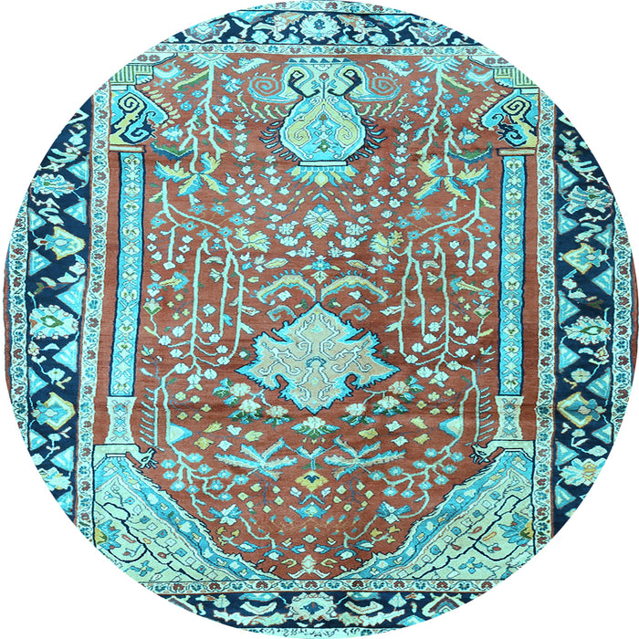 Round Machine Washable Medallion Light Blue Traditional Rug, wshtr1242lblu