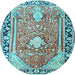 Round Machine Washable Medallion Light Blue Traditional Rug, wshtr1242lblu