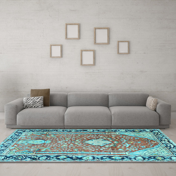 Machine Washable Medallion Light Blue Traditional Rug in a Living Room, wshtr1242lblu