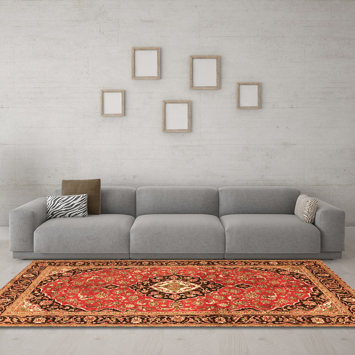 Machine Washable Medallion Orange Traditional Area Rugs in a Living Room, wshtr1243org