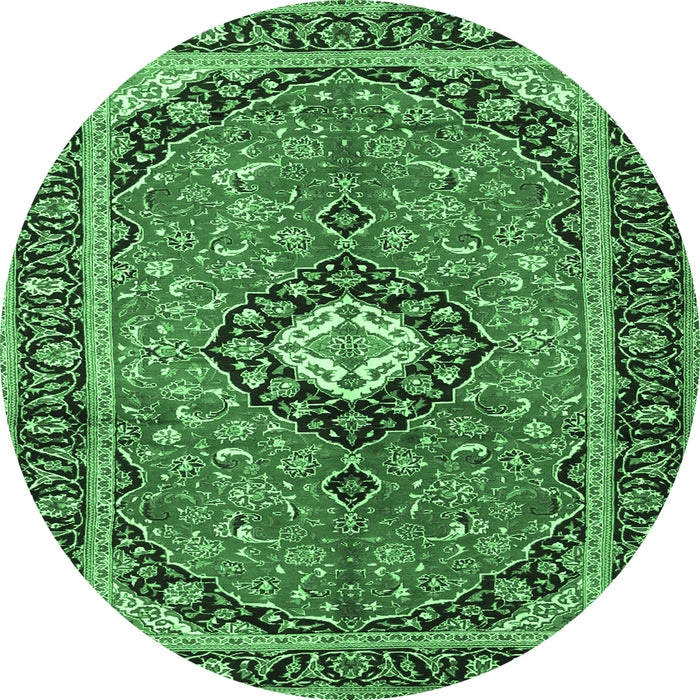 Round Machine Washable Medallion Emerald Green Traditional Area Rugs, wshtr1243emgrn